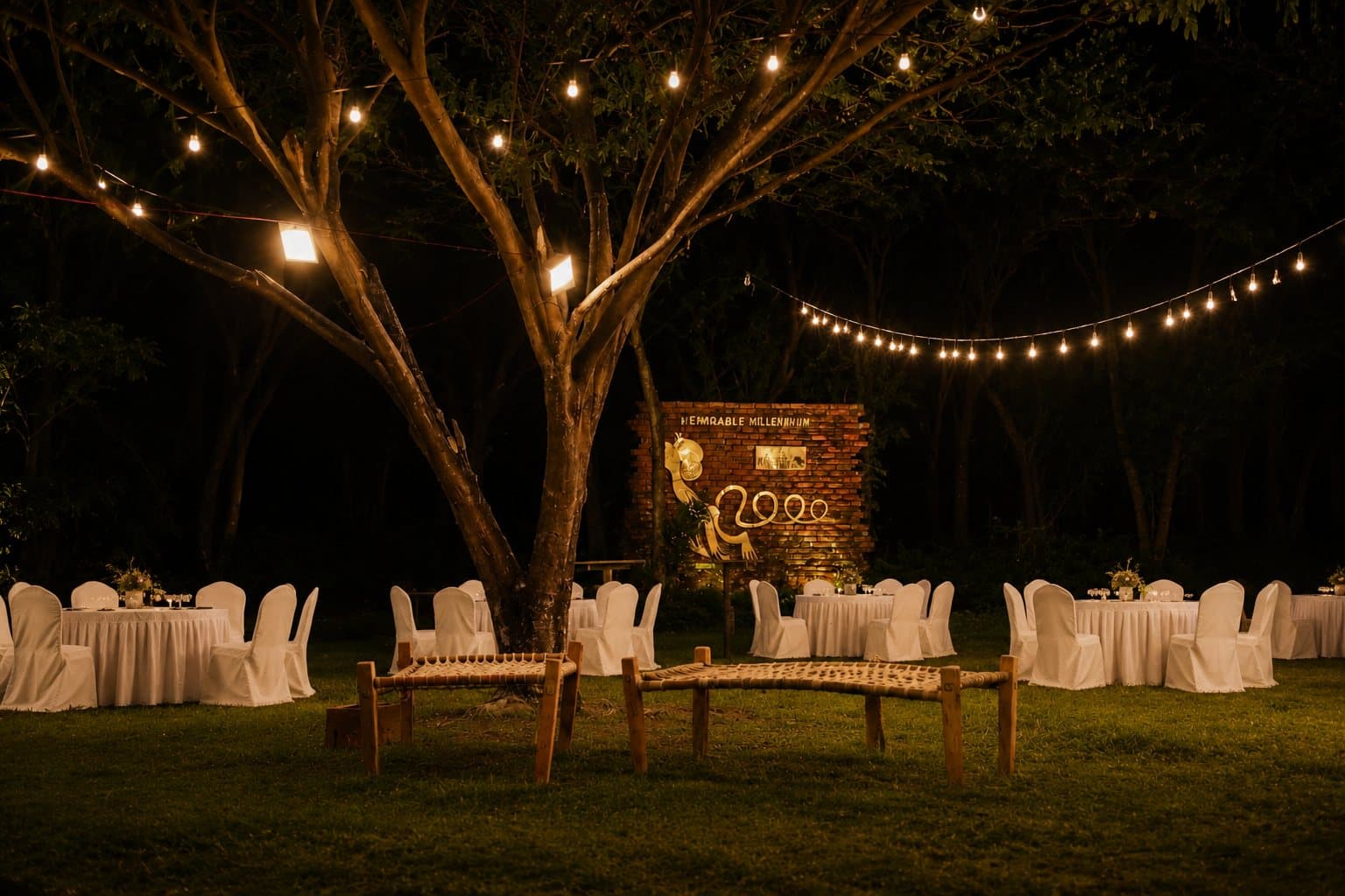 Grand wedding reception setup at dusk